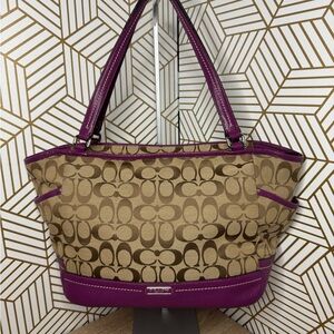 Coach Park Signature Carrie Tote Purple and Tan